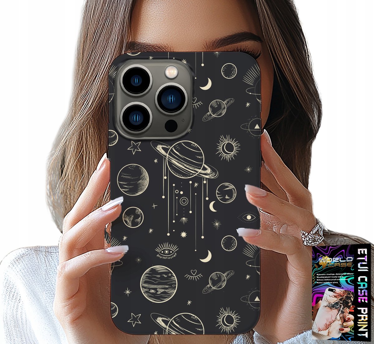 HOESJE VOOR IPHONE 14 PRO MAX - RUIMTEPLANETEN STERREN MAAN + GLAS