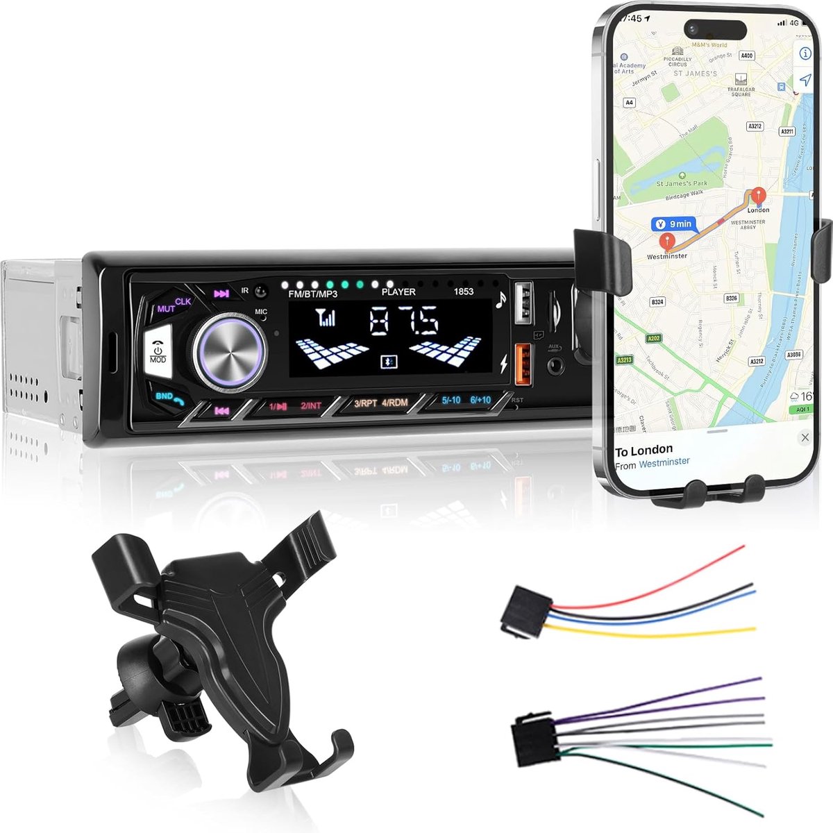 Autoradio met houder - Bluetooth radio - Handsfree bellen - Ingebouwde houder - 1 DIN formaat