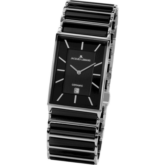 Rechthoekig zwart keramisch herenhorloge van Jacques Lemans met zilverkleurige details en datumvenster.