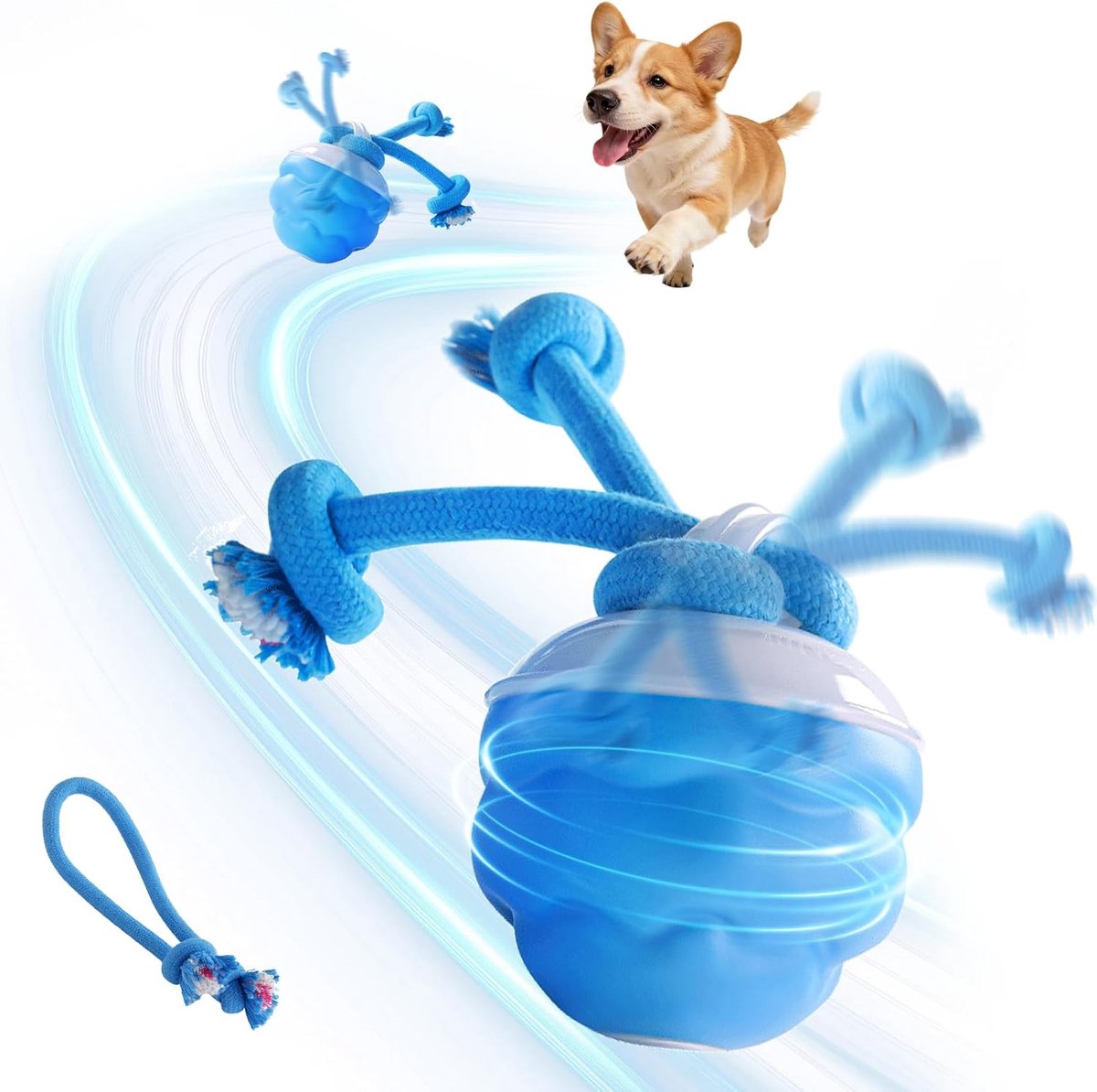 1 stuk - Honden speelgoed -hondenspeelgoed intelligentie - Spin hondenspeelgoed - honden speelgoed bal met touw- Interactieve Hondenspeelbal - Slimme plagende honden - Vocaal automatisch rollend - met Knaagtouw & Geluid - oplaadbaar- USB - Blauw