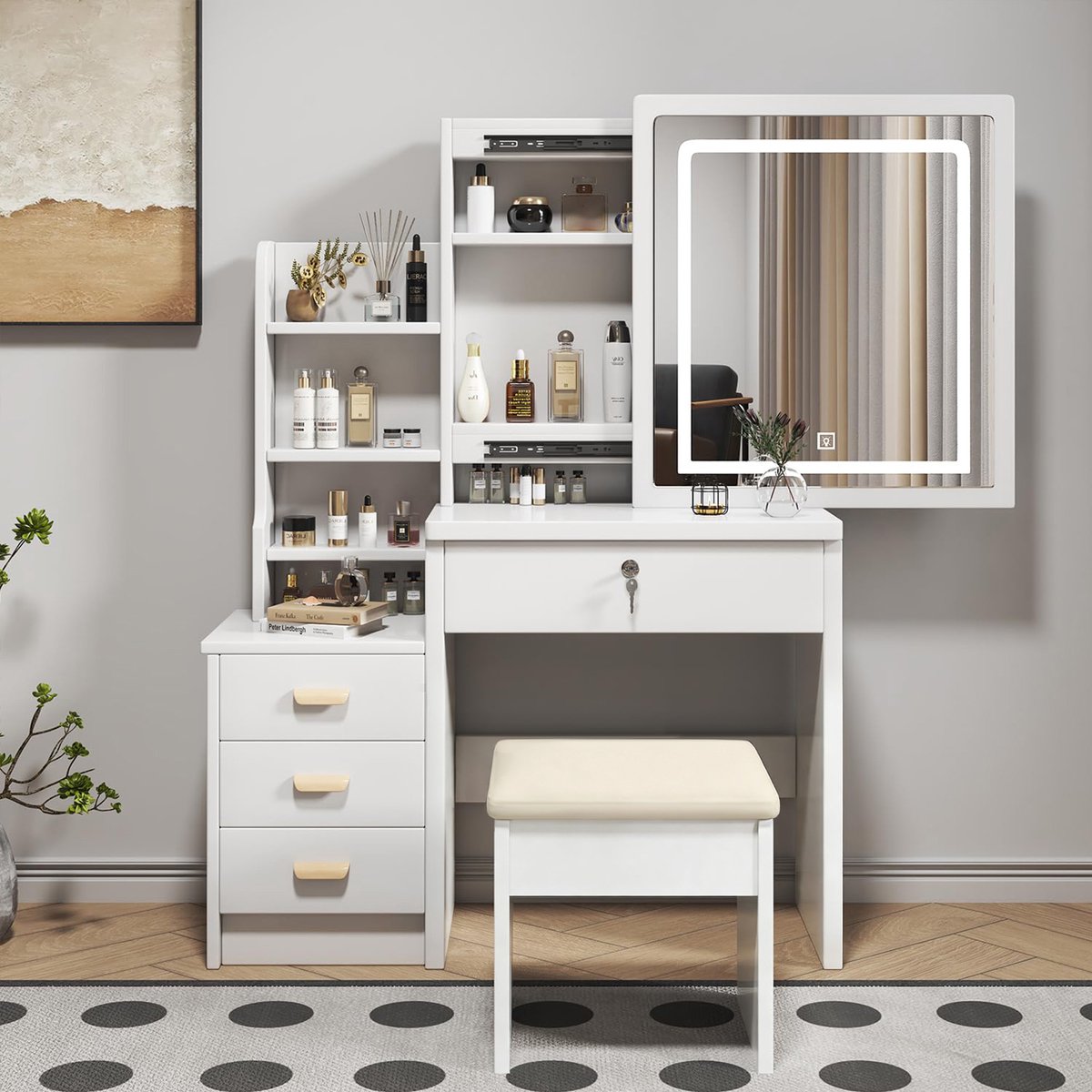 Wishdor Kaptafel - Met Spiegel En Verlichting - Met Kruk - Retro - Slaapkamer - MDF - Wit