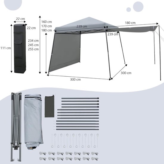 KOMFOTTEU 3 x 3 m p pop-up paviljoen van Oxford met metalen frame, in hoogte verstelbare partytent met roltas en verstelbare zijwand, inklapbare schaduwmaker voor picknick party markt van Merkloos — afbeelding 3