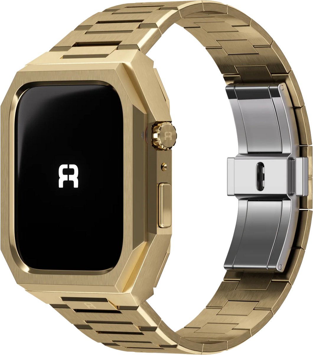 Reqior Case met stalen bandje Givoni RVS – geschikt voor Apple Watch 7 45mm / Apple Watch 8 45mm / Apple Watch 9 45mm – luxe, stevig – Goud