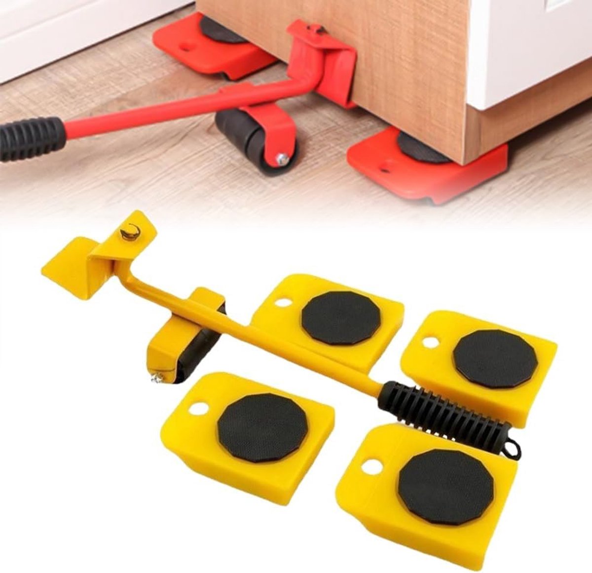 Verhuisset Meubellifter - Meubelroller Set - Zware Meubels Verplaatsen - Verstelbare Hefboom - 4 Wielen - Geel