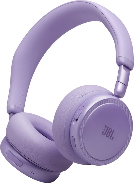 Lichtpaarse JBL koptelefoon, gedetailleerd met JBL logo op de oorschelp.