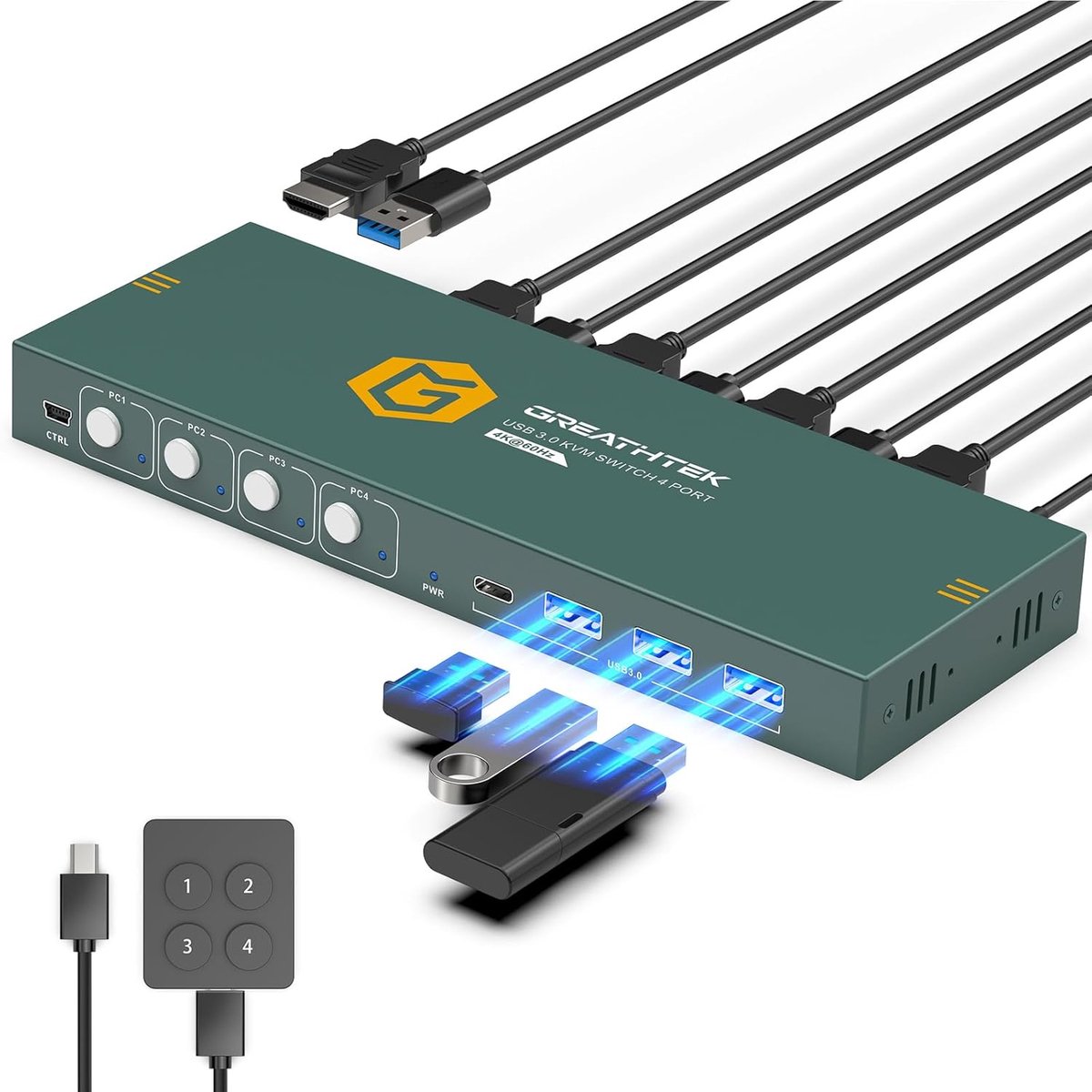 KVM Switch - 4 Poort Switch - Meerdere PC's - 4K @60Hz HDMI - 3x USB 3.0 - Zwart