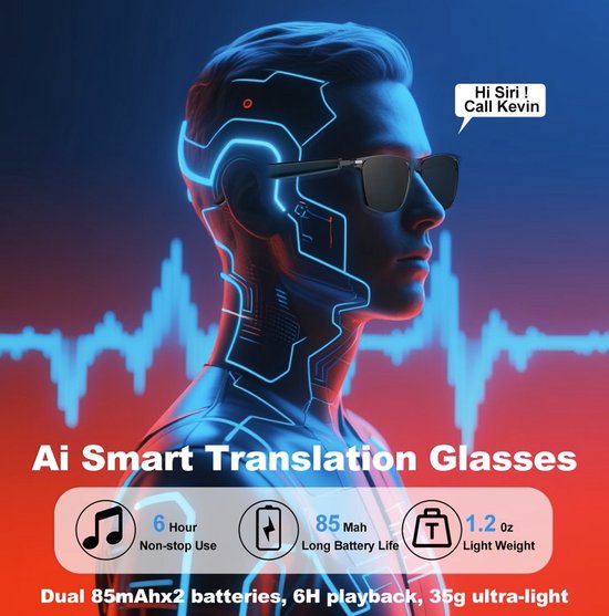 Smart bril met real-time KI-vertaler (160 talen), gepolariseerde