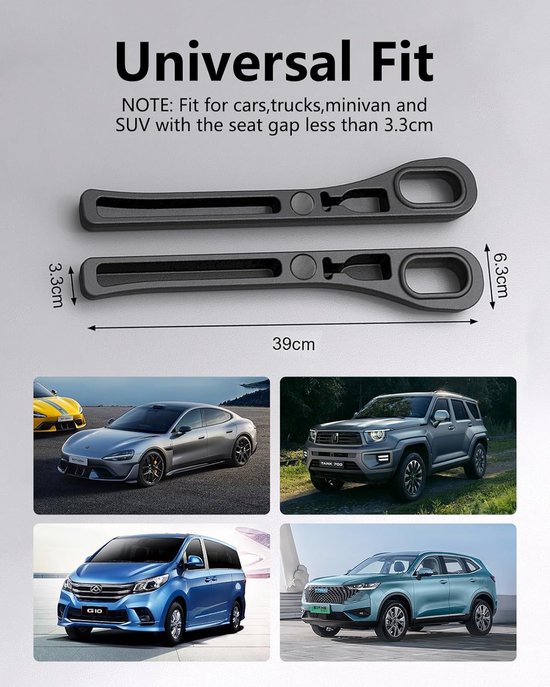 Zwarte, universele stoelgap-vullers, 39cm lang, 6.3cm breed, voor diverse auto's.