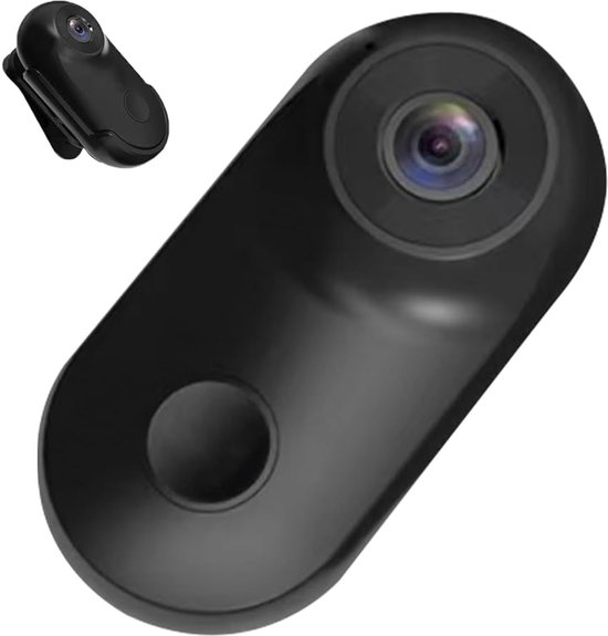Zwarte, ovale clipcamera met groothoeklens en een ronde knop op de voorkant. Kleinere versie zichtbaar aan de zijkant.