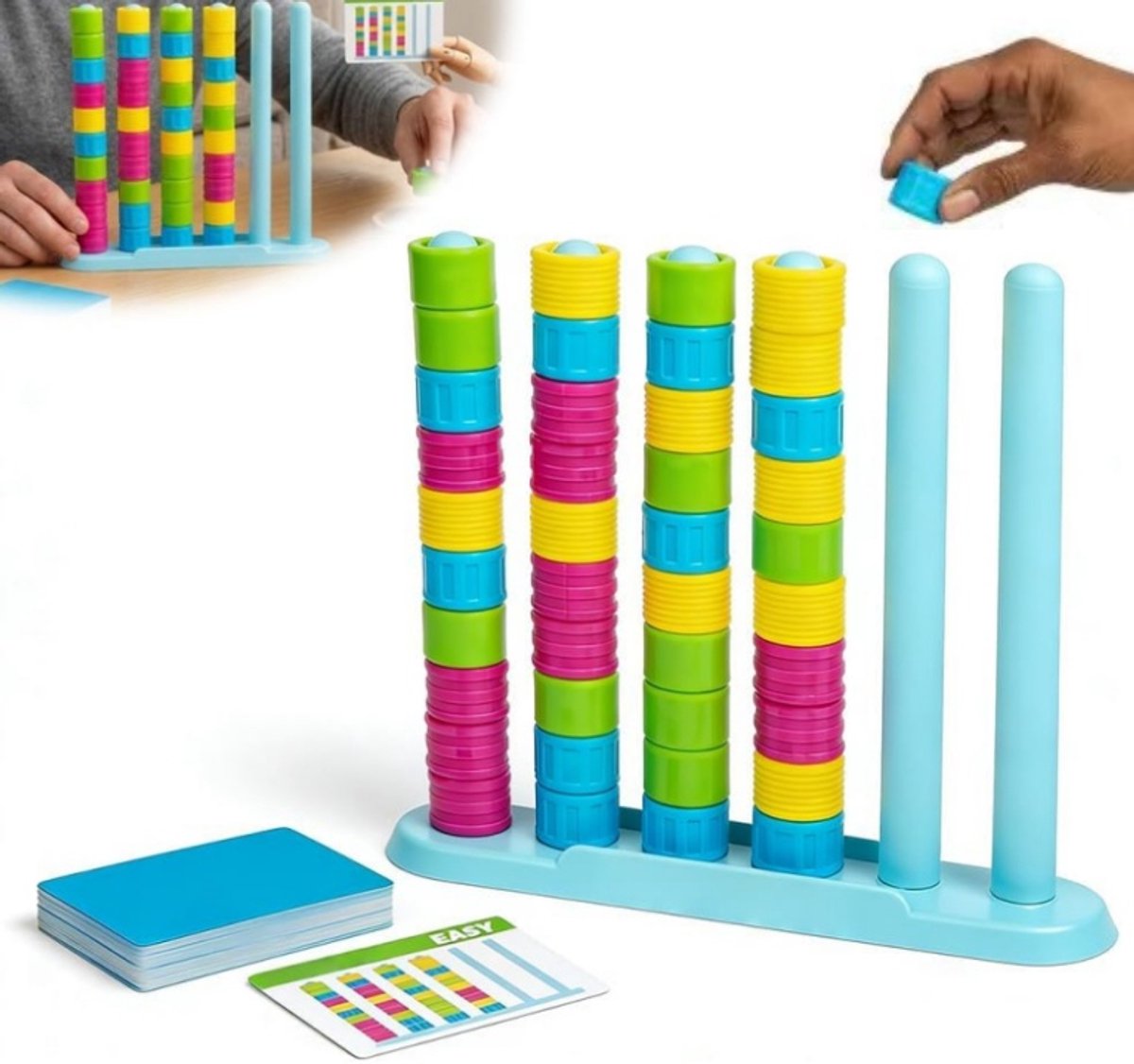 Blauwe Houten Kleur Matching Stapspel Uitdaging - Kleurrijke Ringen & Kaarten, Educatief Reis Bordspel voor Familie en Kinderen