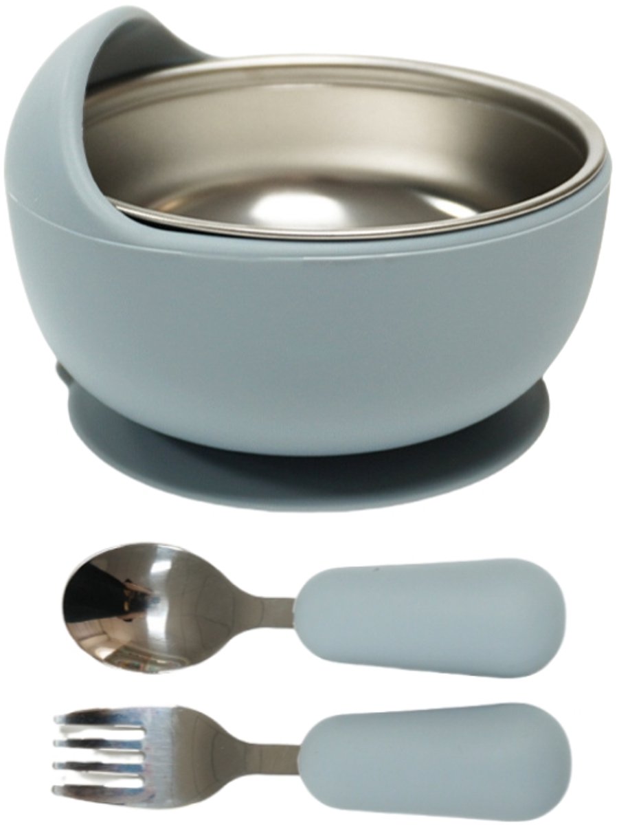 Baby Eerste Eetset met Zuignap – Uitneembare RVS Kom & Vaatwasbestendig + Lepel & Vork – Veilig & BPA-vrij – Blauw