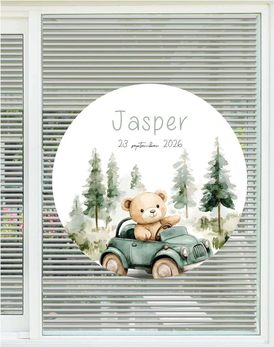Studio Jitske raamsticker 80cm raambord geboortebord geboorte aankondiging boswachter beer in jeep watercolour