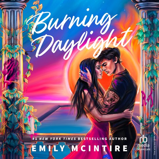 Een man en vrouw omhelzen elkaar bij zonsondergang, de titel 'Burning Daylight' staat erboven.