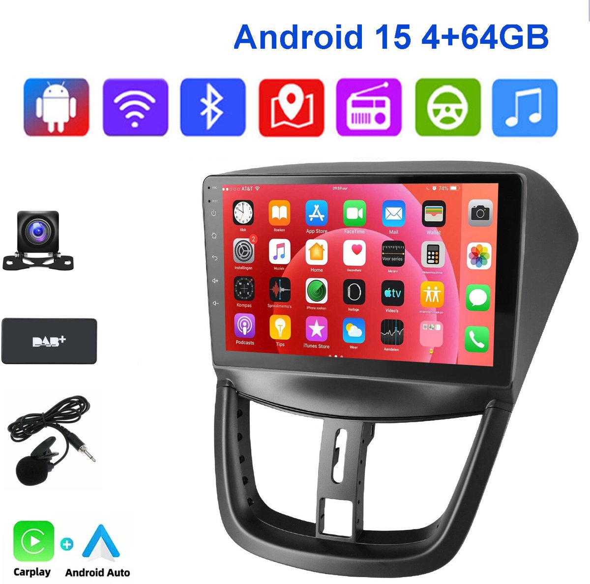 ESSGOO Autoradio Geschikt voor Peugeot 207 2006-2015 - Android 15 - 4 GB + 64 GB - GPS-navigatie - Carplay en Android auto - 2005 2006 2007 2008 2009 2010 2011 2012 2013 2014 2015 - DAB+ Bluetooth FM RDS Wifi - 2 DIN - Microfoon - Achteruitrijcamera