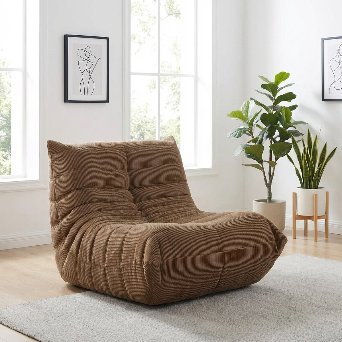 Zipsofa 1-zits Fauteuil - Zitzak Stoel met Rugleuning - Lazy Stoel - Montagevrij, Ergonomisch - Corduroystof, bruin 80x100x72 cm