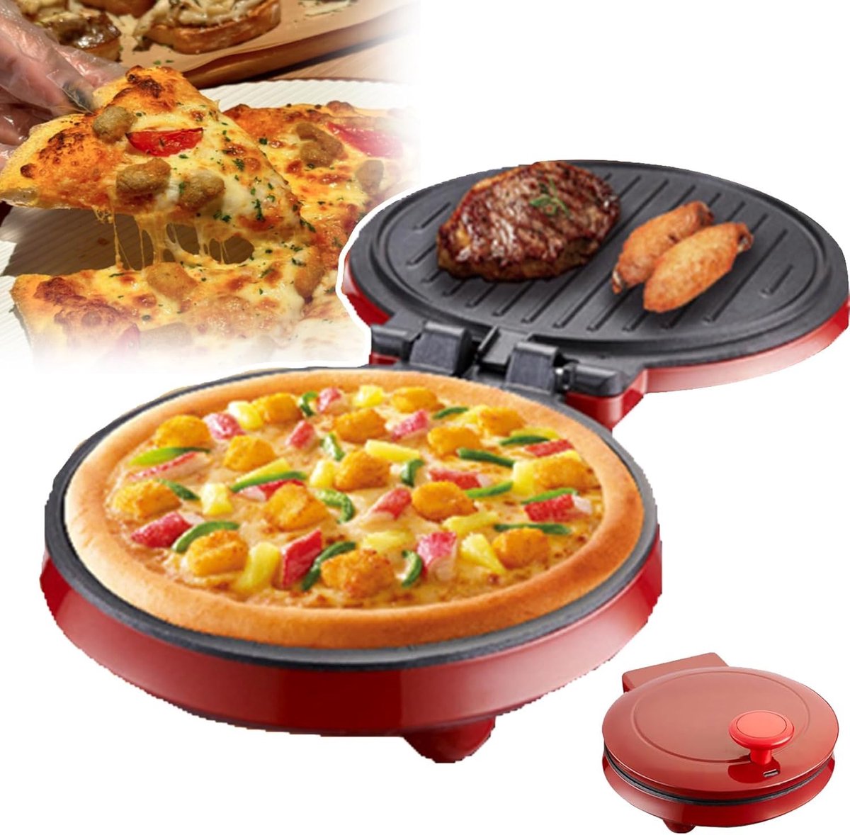 Elektrische Pizzamaker - Keukenapparaat - Snel Eten Maken - 180 Graden Open - 10 Inch - Rood