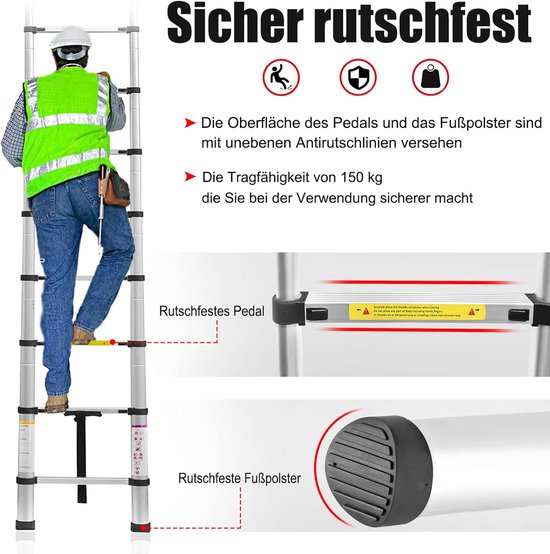 Telescopische Ladder - Uitschuifbare Ladder - Veelzijdig Gebruik - Opvouwbaar Ontwerp - 3.8 Meter - Zilver van Merkloos	 — afbeelding 2