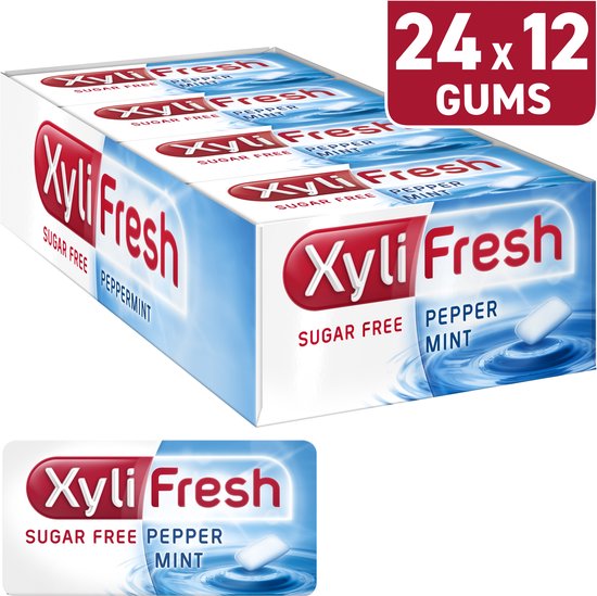 Xylifresh Peppermint Gum doos suikervrije kauwgom - verfrisser - voordeelverpakking met 24 pakjes à 18 g. Suikervrije kauwgom met Xylitol. Aanbevolen door het Ivoren Kruis. Voor voelbaar schone tanden