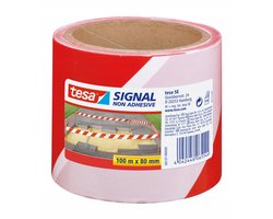 1x Tesa afzetlint/markeerlint rood/wit 8 cm x 100 mtr - Klus/bouwbenodigdheden - Afzetlinten/markeerlinten - Gevarenzone linten - Weg/parkeerplaats afzetten met lint