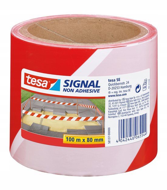1x Tesa afzetlint/markeerlint rood/wit 8 cm x 100 mtr - Klus/bouwbenodigdheden - Afzetlinten/markeerlinten - Gevarenzone linten - Weg/parkeerplaats afzetten met lint