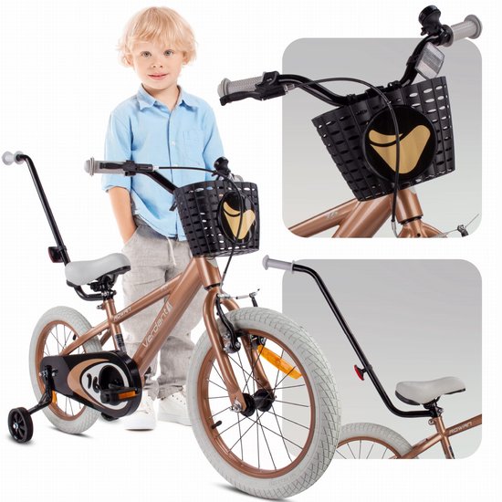 Verdant Bike Kinderfiets voor jongens van 4 tot 6 jaar, 16 inch Cappuccino, leeftijd 3 tot 6 jaar, met zijwieltjes, duwstang, handrem van Verdant Bike — afbeelding 4