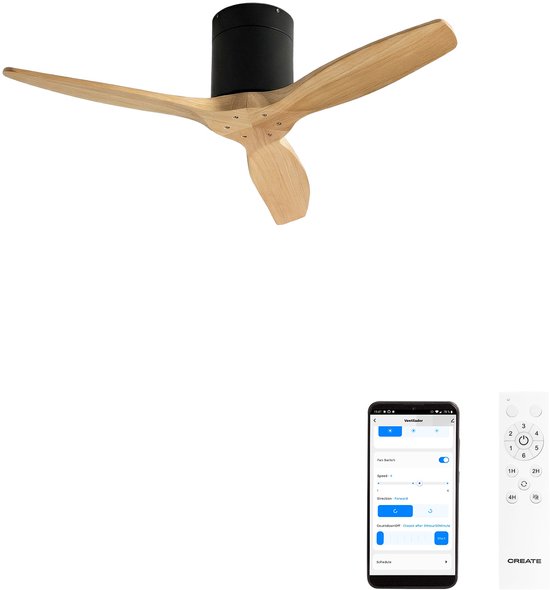 Stille plafondventilator 40W met technisch ABS bladen, IP44, wifi bediening, maat S, zonder licht, zomer/winterfunctie