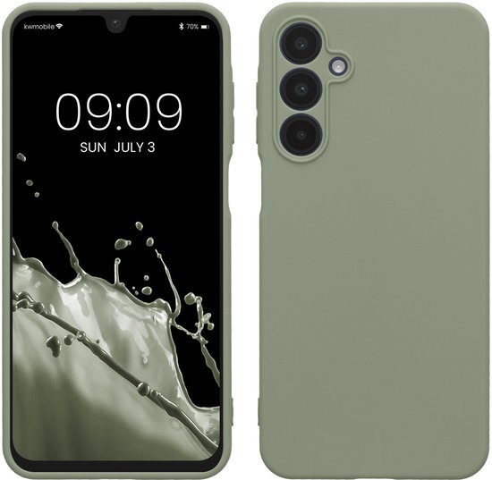 Coque de téléphone vert kaki, avant et arrière montrées. La coque s'adapte à un téléphone avec une encoche en goutte d'eau.