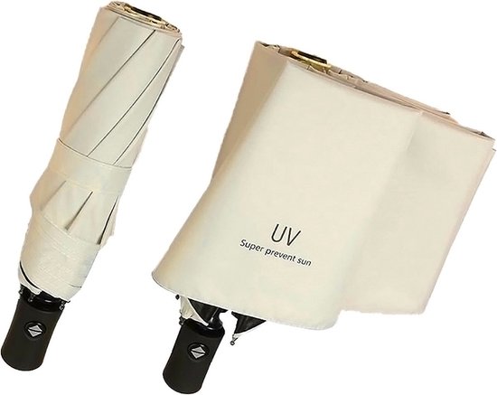 Luxe Parapluie UV & Parasol en un - Ouverture & Fermeture Entièrement Automatiques - Protection Solaire UPF 50+ - Crème Blanc / Beige - Résistant au Vent & Hydrofuge - Ø 98 cm - Mini Parapluie Solaire Compact