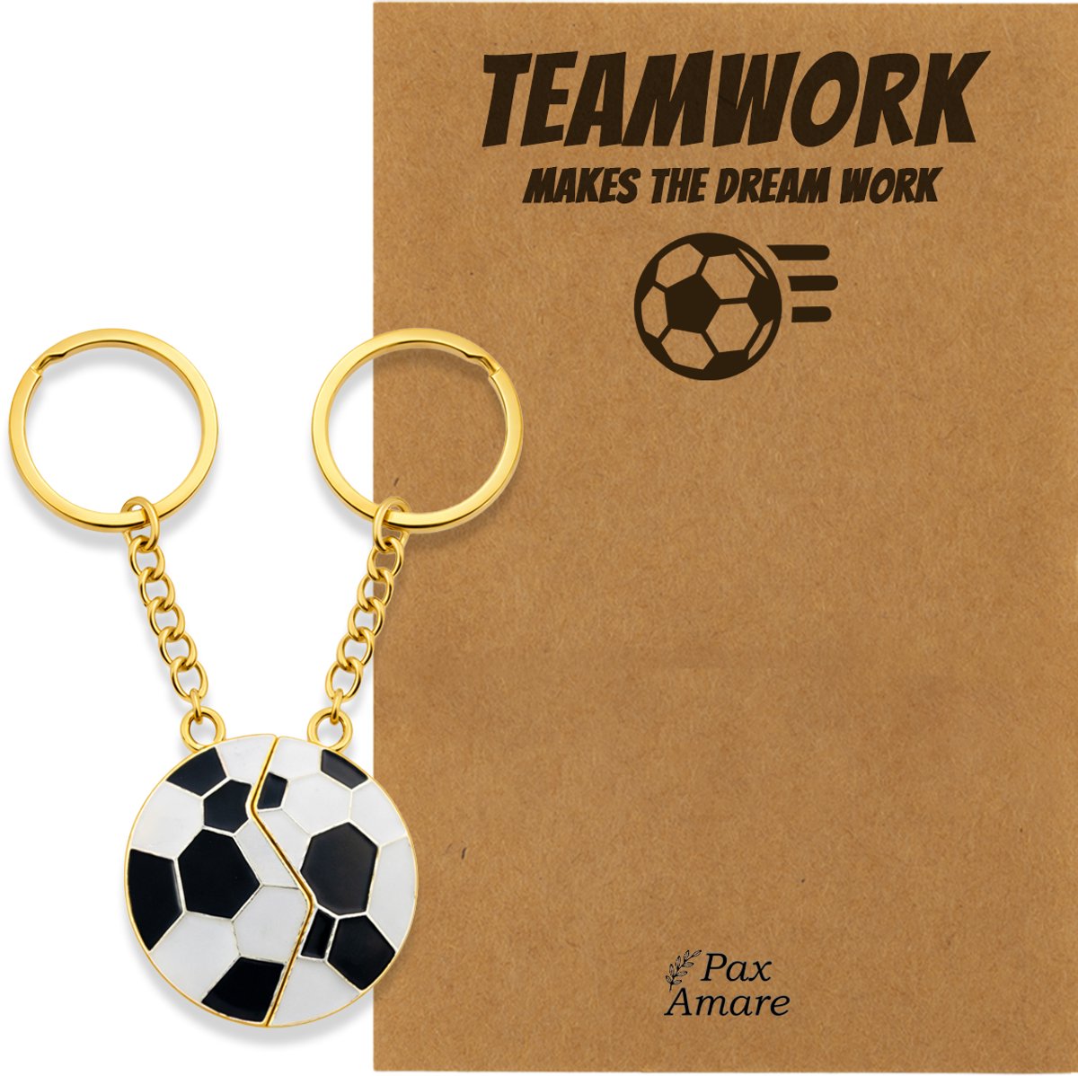 BFF Sleutelhanger voor 2 'Teamwork' - Magnetische Voetbal - Sleutelhanger set op Cadeau Kaartje - Goudkleurig - Vriendschap Symbool - Pax Amare