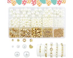 Parelset - 15 parels en gouden tussenkralen - Armbandenset voor kinderen - Sieraden maken - DIY armbandenset - Sieradenset met koord en hanger - Parelarmbandenset - Armbandenset - DIY parelarmband-, ketting- en oorbellenset voor meisjes en tieners