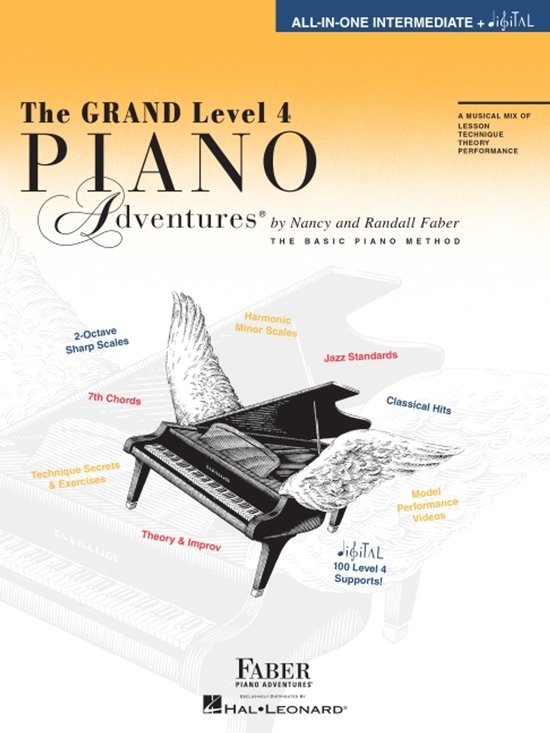 La couverture du livre "The GRAND Level 4 Piano Adventures" présente un piano à queue ailé, avec du texte sur les gammes, les accords et les succès jazz et classiques.
