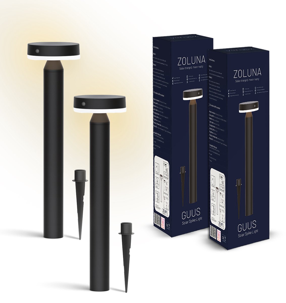 ZOLUNA Solar Tuinlampen 2x GUUS – Grondspies op Zonne-energie met Bewegingssensor – 400 Lumen – Warm Wit Licht – 24 Uur Brandtijd – IP44 – 51 cm – Buitenverlichting voor Pad & Oprit
