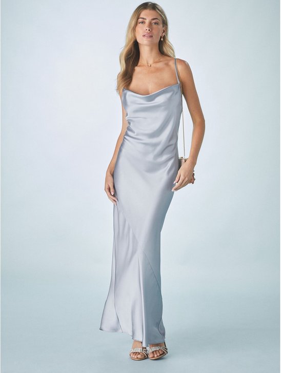 Next - Dames - Lange satijnen Maxi-jurk met watervalhals voor bruiloftsgasten - Tall - Blauw