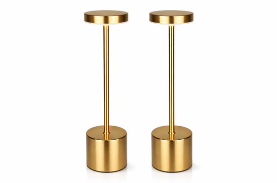 Tafellamp Set van 2 – Oplaadbaar & Dimbaar – Goud - Metaal – Draadloos – 3 Lichtstanden (Warm/Wit) – LED Tafellampen