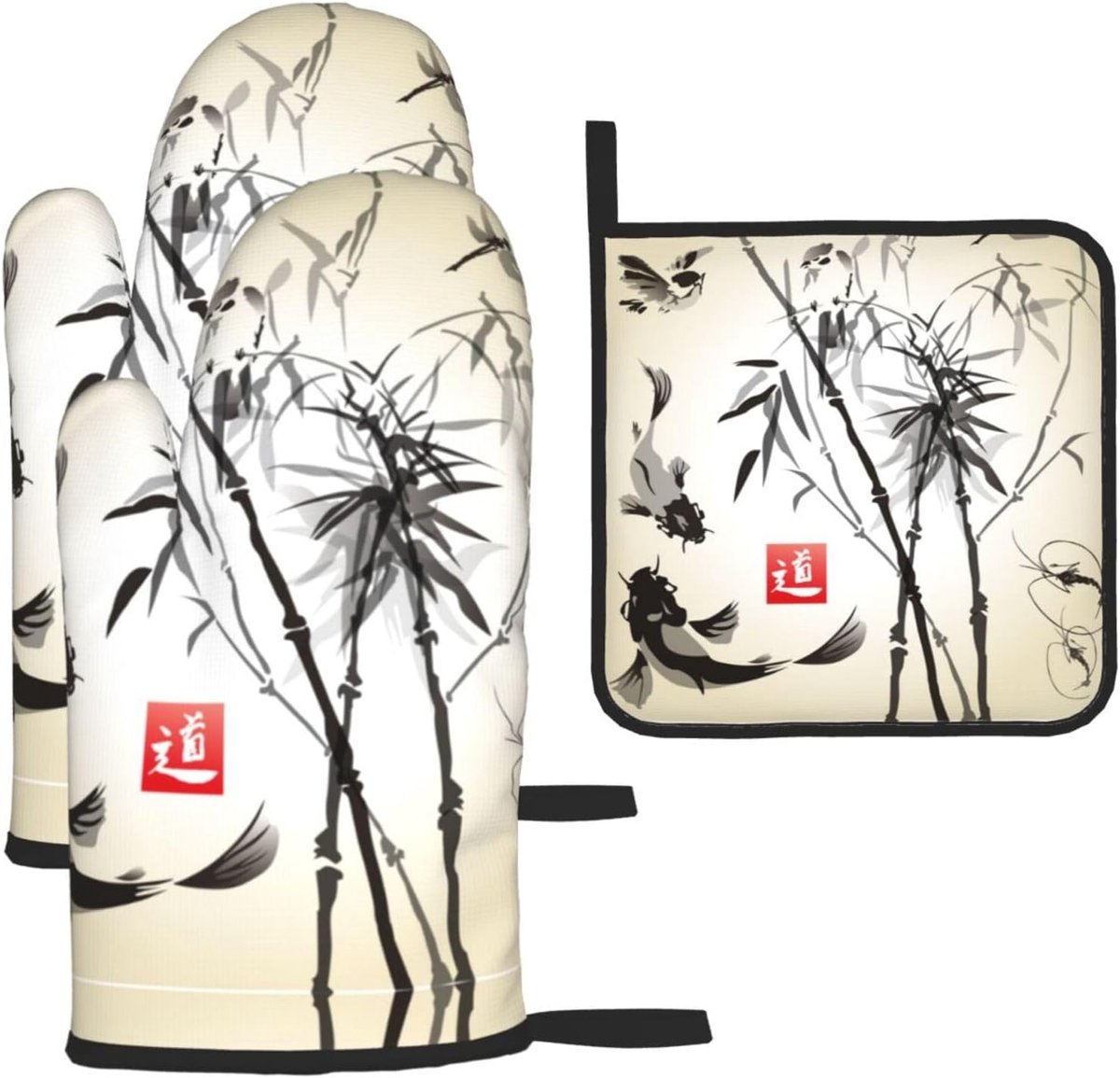 Ovenhandschoenen Pannenlap Set - Keuken Textiel - Veilig Koken - Waterdichte Polyester - Vis Vogel Bamboe