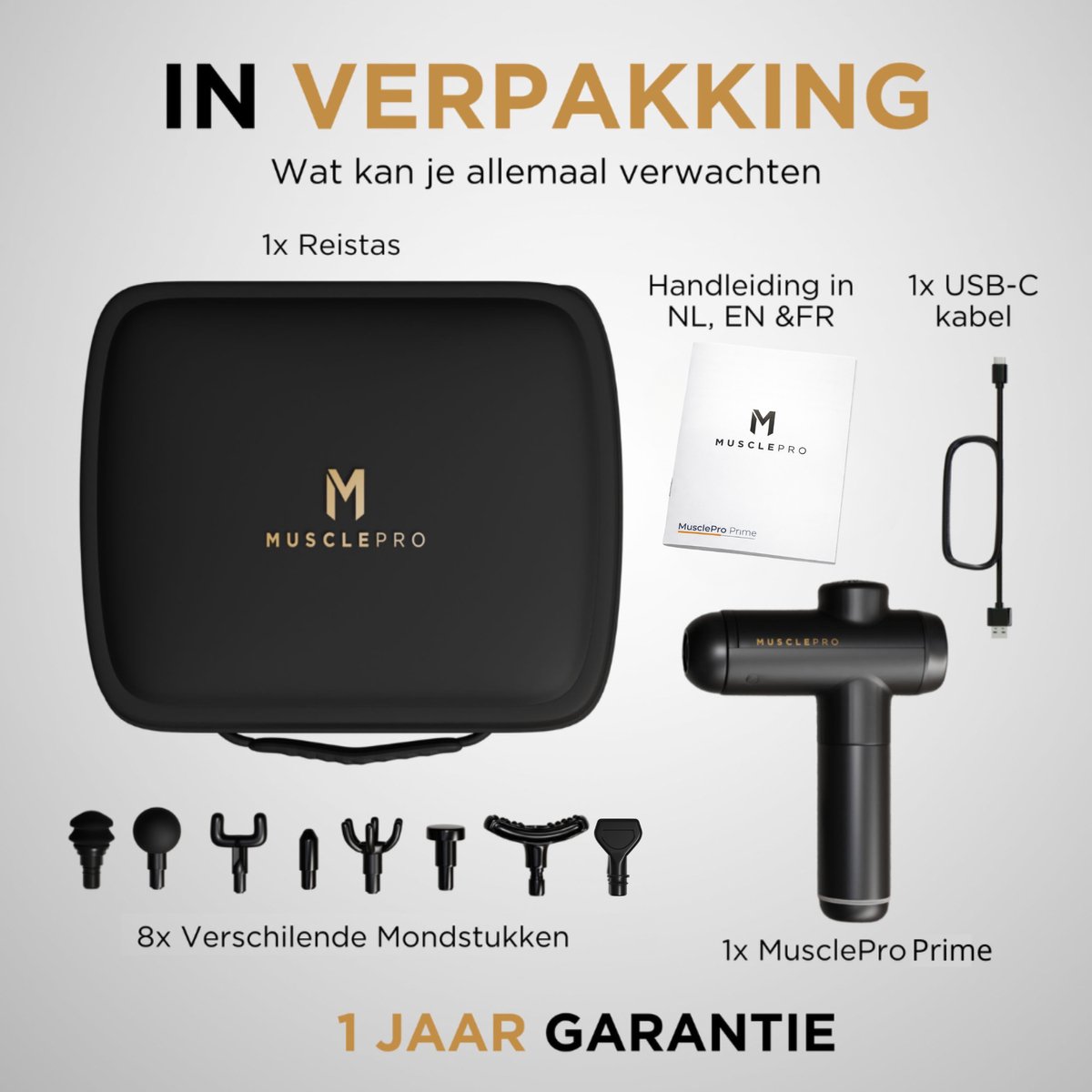 MusclePro Prime 12V massage gun: 99 standen, 8 mondstukken, koffer thumbnail 4
