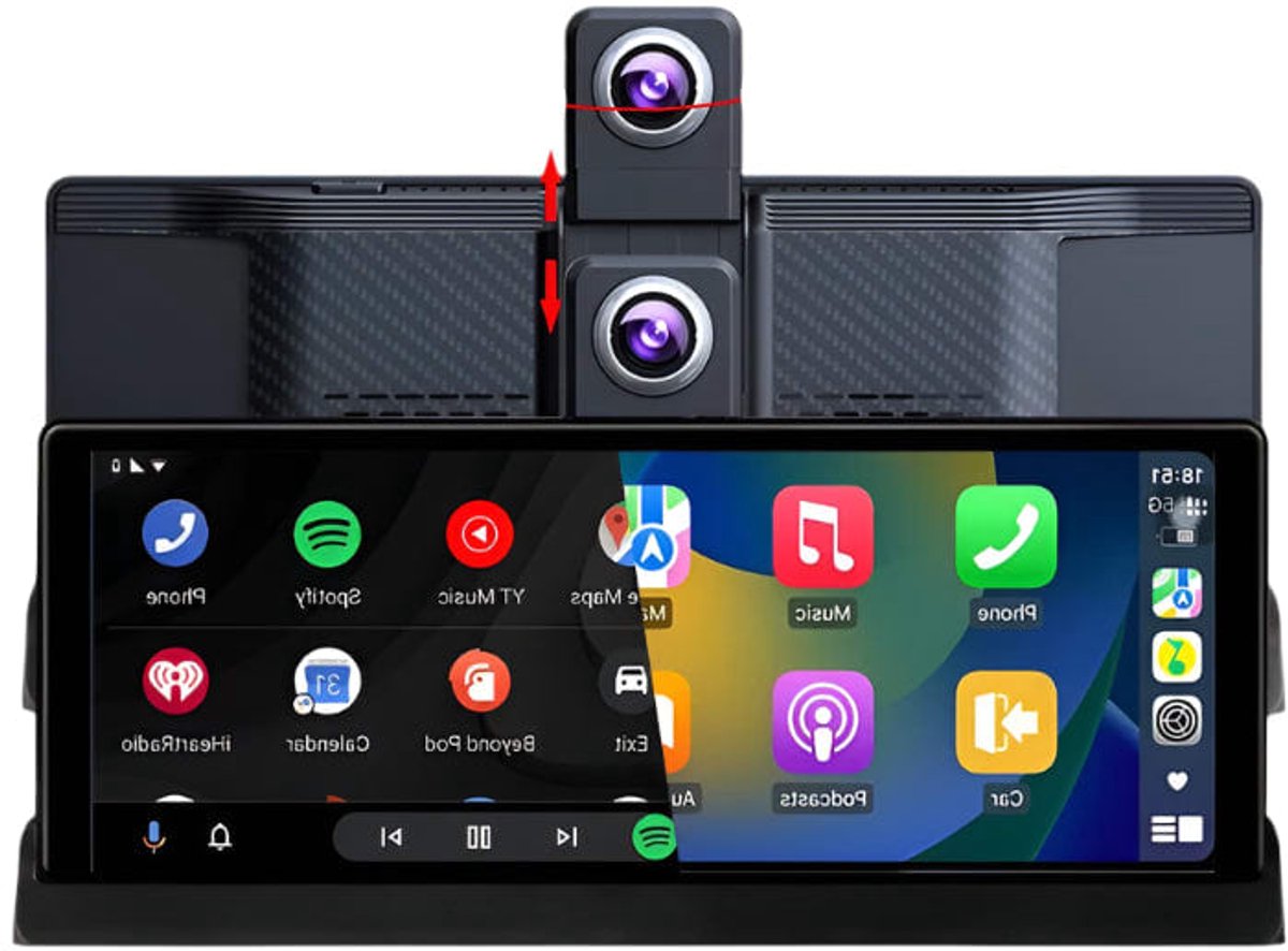 Dashcam voor Auto - 10.26” 4K Dashcam – CarPlay & Android Auto – 350° Rotatie – 6M AHD Achtercamera – Nachtzicht & Rijassistentie - Zwart