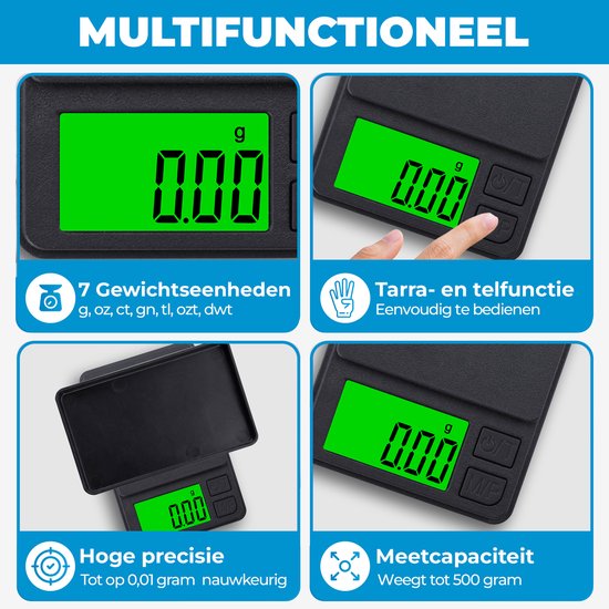 Collage van vier beelden die de functies van de digitale weegschaal tonen: 7 gewichtseenheden, tarra- en telfunctie, hoge precisie en meetcapaciteit tot 500 gram.
