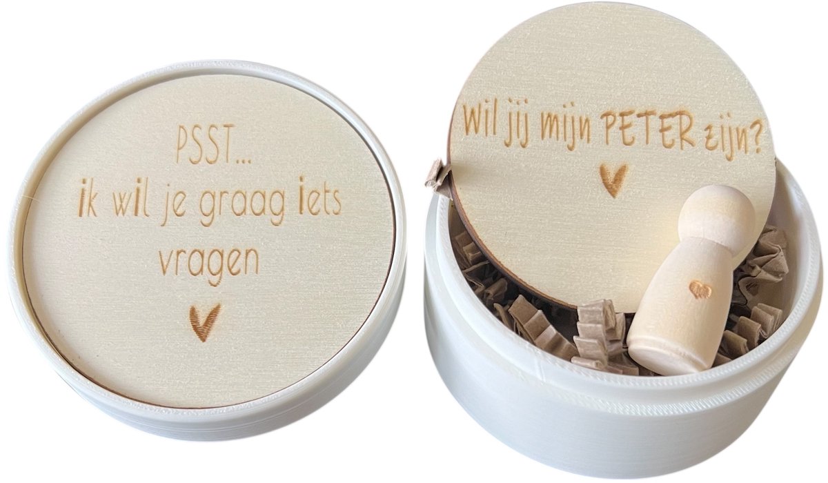 Doosje baby | peg doll | wil jij mijn peter zijn | peter vragen | peter worden | peetoom vrarden | cadeau | doosje met een vragen | peetoom woag