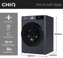 Lave-linge gris foncé avec des dimensions de 850 mm de hauteur, 600 mm de largeur, 520 mm de profondeur. Caractérisé par un design fin et une classe énergétique A.