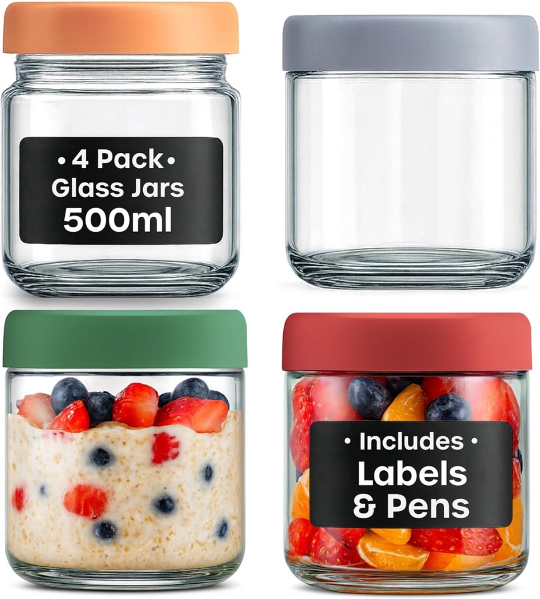 SNJY® Overnight Oats Potjes - Glazen Potjes met Deksel - Mason Jar - Weckpot - 4x500ml - Doorzichtig