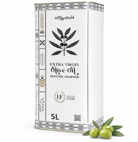 Witte blik met decoratieve randen, "Hellas Food Extra Virgin Olive Oil" opdruk met olijftak, 5L