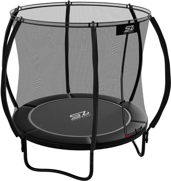 Zwarte ronde trampoline van 244 cm met veiligheidsnet en het 'SZ' logo op de springmat.