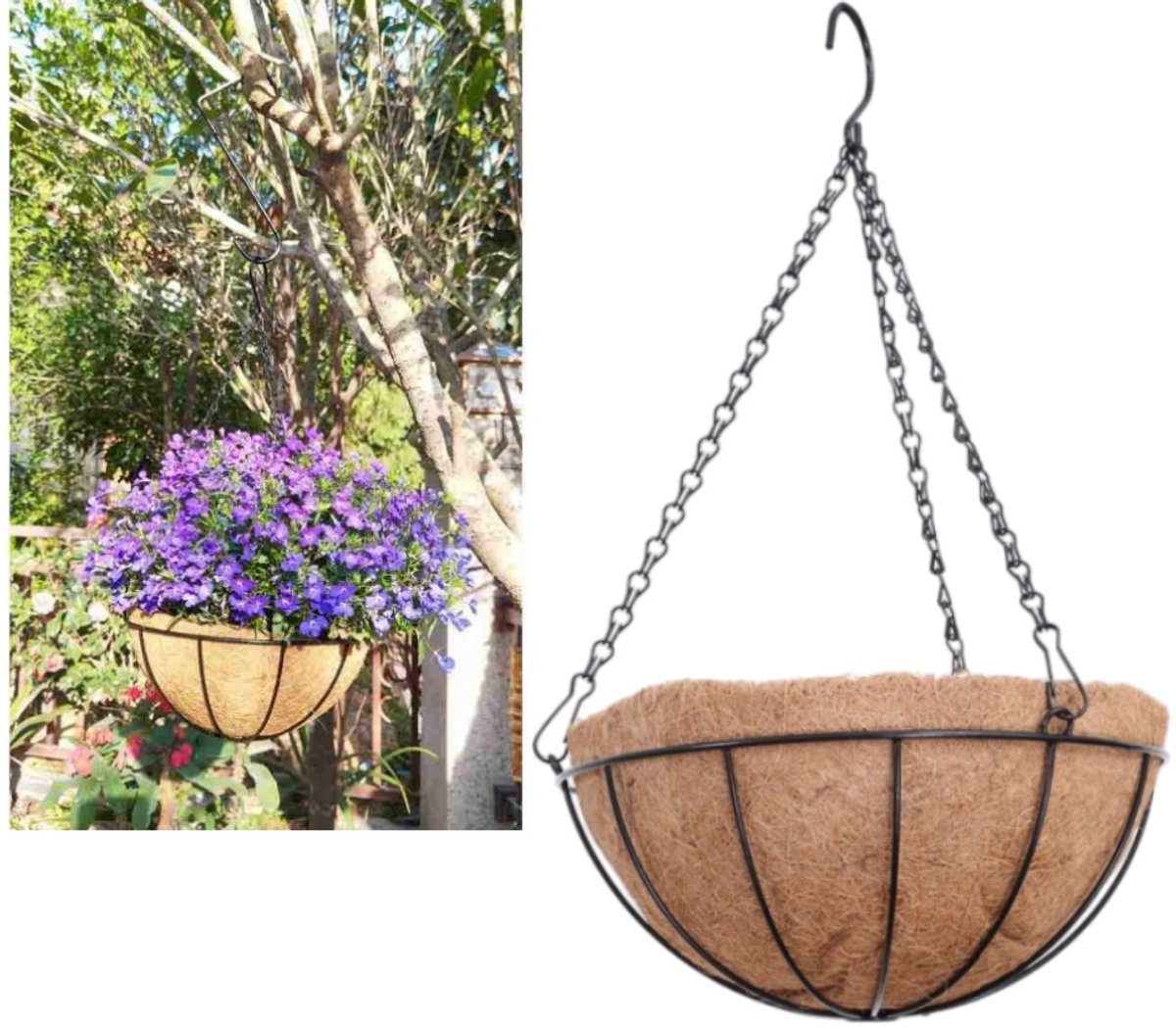 Hangmand van metaal - Stevig ijzeren ontwerp - Hangende bloempot - Bloemenmand van kokosvezel - 20,5*20,5*11 cm - Geschikt voor binnen- en buitentuinen - Natuurlijke kleur