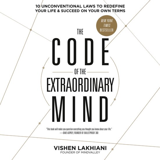 Boek "The Code of the Extraordinary Mind" met de tekst "10 UNCONVENTIONAL LAWS TO REDEFINE YOUR LIFE & SUCCEED ON YOUR OWN TERMS" en "NEW YORK TIMES BESTSELLER".
