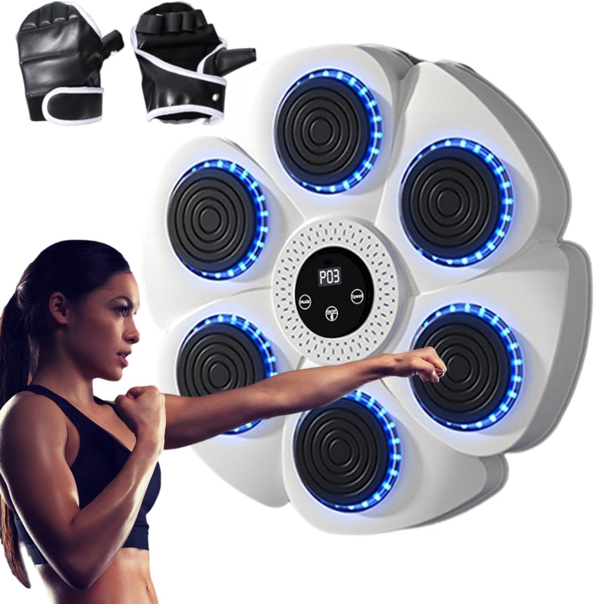 Boksmachine Muziek - Wandtrainer - Thuis Sporten - Ruimtebesparend Ontwerp - 40cm Diameter - Wit