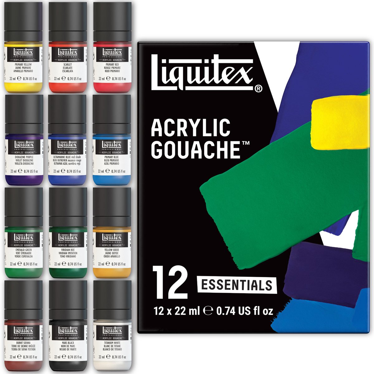 Liquitex 3699325 Acrylic Gouache Set Essentials 12x22ml – Hoog Gepigmenteerde Verf, Mat, Dekkend, Voor Illustratie & Design