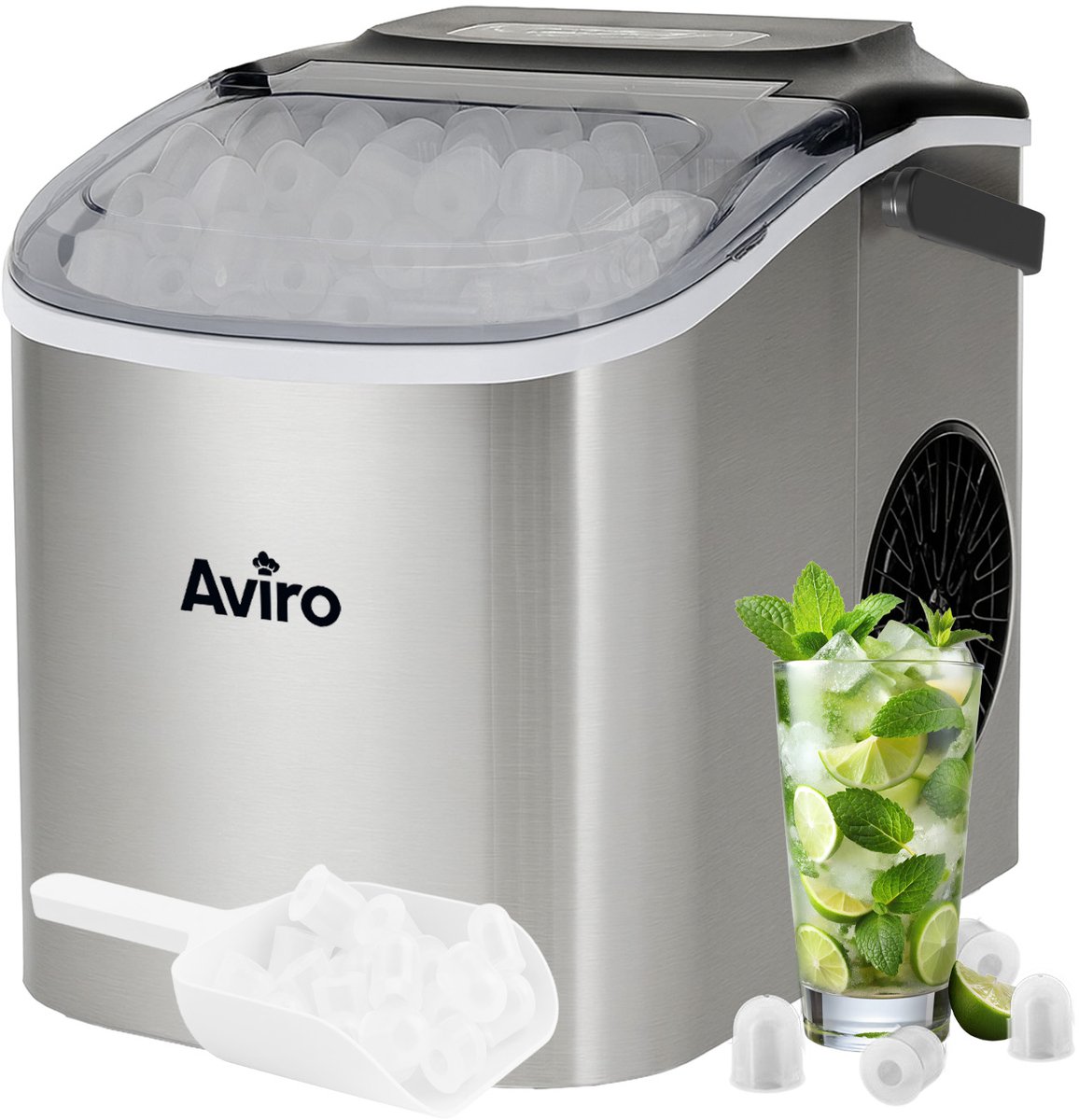 Aviro IJsblokjesmachine - 1,3L - Met IJsschep - Zelfreinigingsfunctie - 12KG / 24U - 9 Blokjes / 6 Min - Zilver