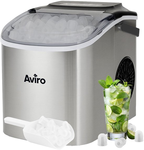 Aviro IJsblokjesmachine - 1,3L - Met IJsschep - Zelfreinigingsfunctie - 12KG / 24U - 9 Blokjes / 6 Min - Zilver