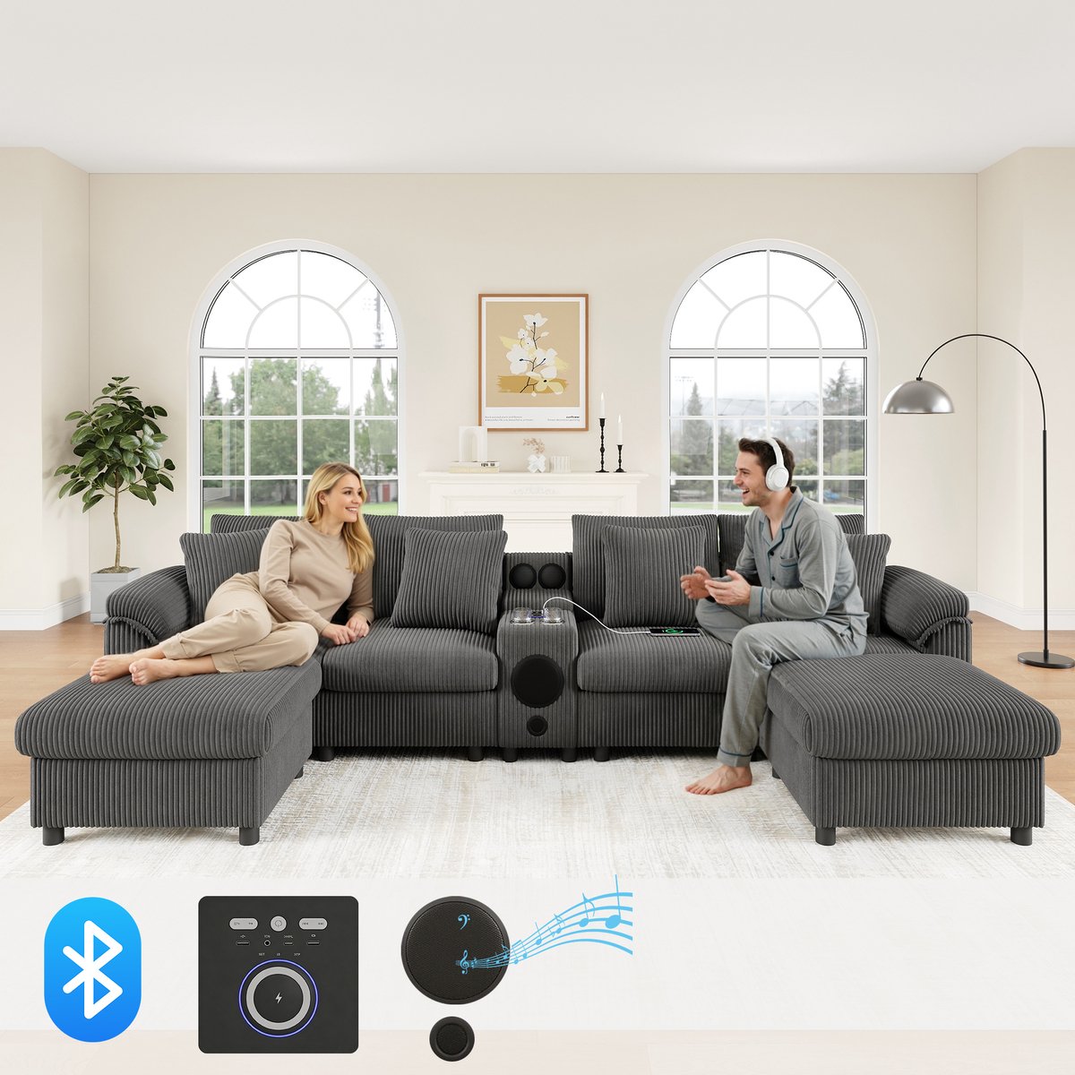 Modulaire U- en L-vormige Corduroy Bank met Bluetooth-luidspreker en Console, U-Bank L-Bank Hoekbank met Opbergruimte, Draadloos Opladen, USB-poorten, Bekerhouders en Kussens, Grijs